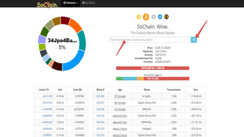 Мониторинг транзакций. Отслеживание биткоин транзакций. Номер BTC настоящий. Sochain.